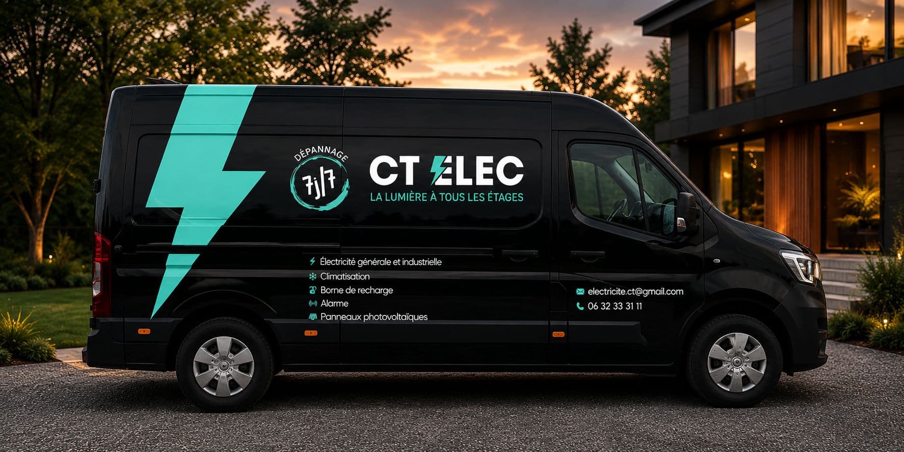 Fourgon Renault Master CT elec vu de profil, marquage des services et dépannage 7j/7