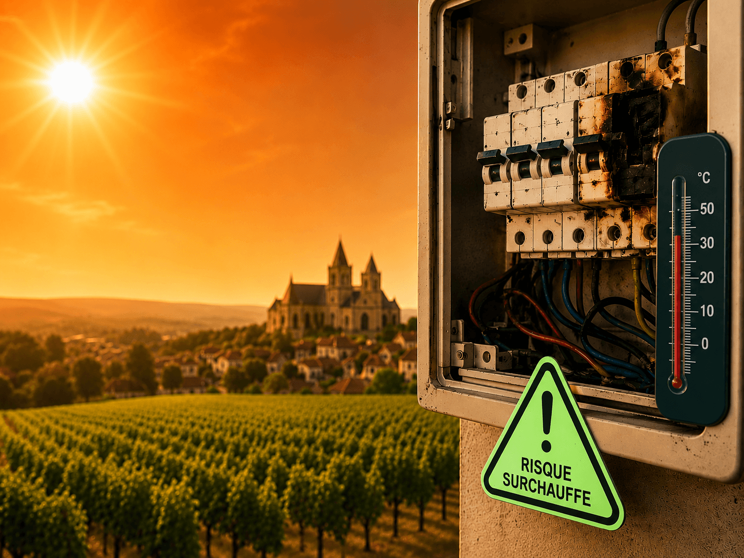 Canicule 2026 dans la Marne, tableau électrique en surchauffe, paysage champenois, guide CT elec