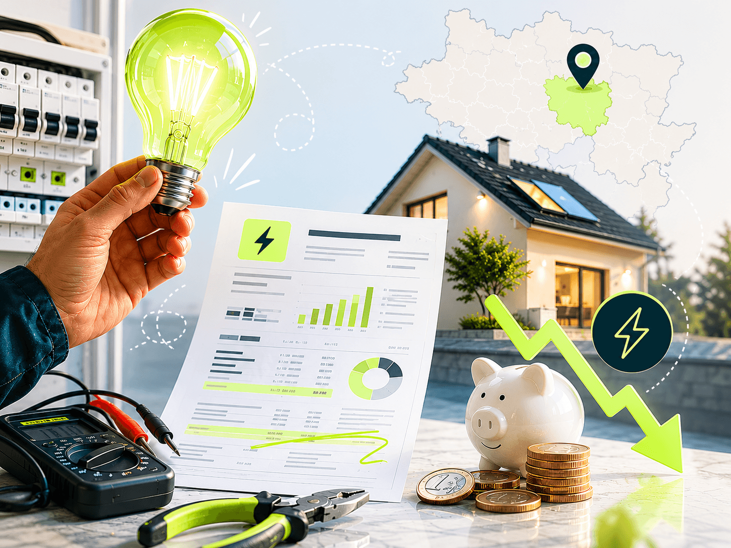 Facture d'électricité, ampoule LED, multimètre et tirelire d'économies — guide CT elec pour baisser sa facture dans la Marne