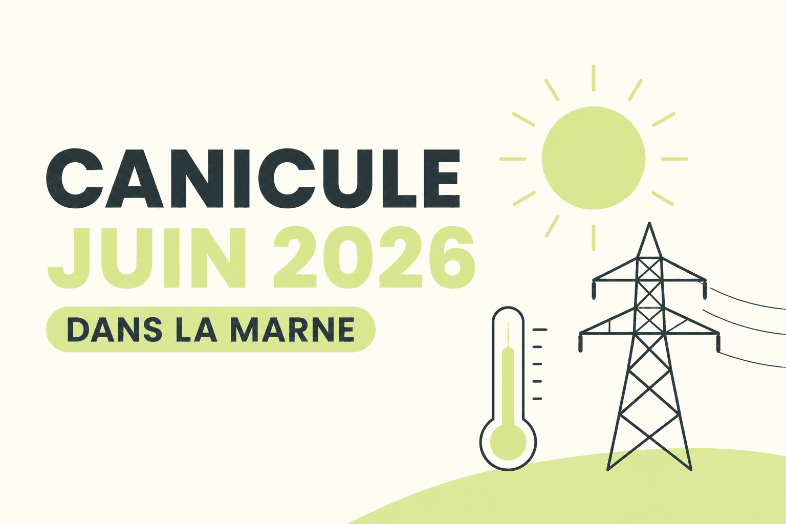 Canicule dans la Marne : illustration CT elec avec soleil, thermomètre et ligne électrique haute tension